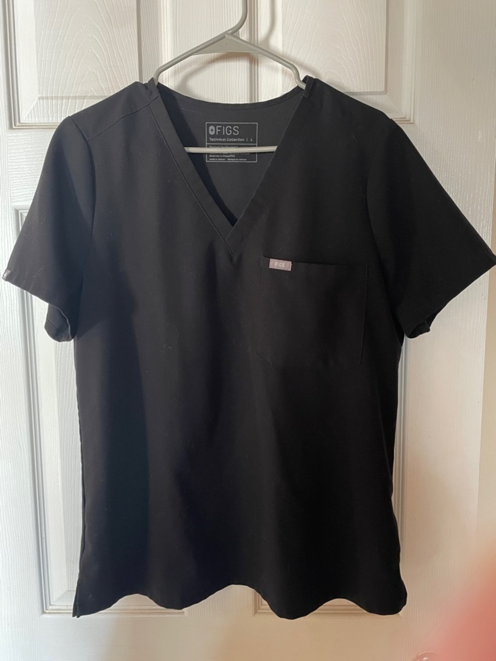 Figs Black V-Neck Scrub Top with Chest Pocket